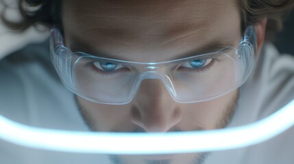 A close-up of a focused individual wearing safety glasses, illuminated by a bright light, highlighting intense blue eyes and curly hair.