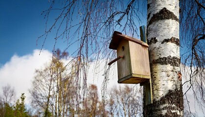Old birdhouse on tree trunk, bird nesting box on birch tree in early spring