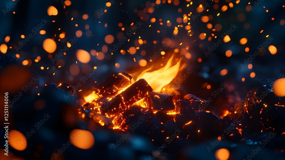 Poster Intense fiery explosion with bright burning flames glowing embers and explosive sparks against a dark dramatic background  Powerful energy heat and combustion concept