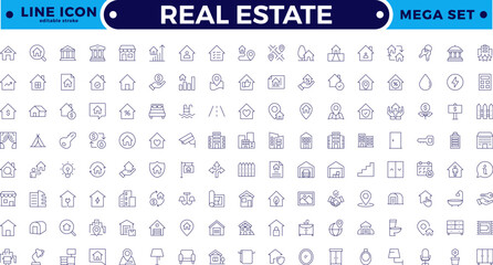 Real Estate minimal thin line web icon set. Included the icons as realty, property, mortgage, home loan and more. Outline icons collection. House, key, buy, sell, loan. Editable stroke outline icon.
