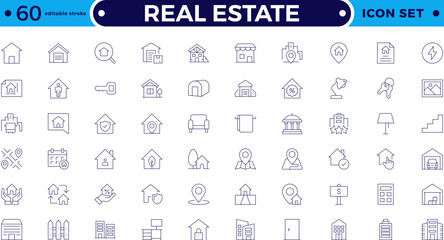 Real Estate minimal thin line web icon set. Included the icons as realty, property, mortgage, home loan and more. Outline icons collection. House, key, buy, sell, loan. Editable stroke outline icon.
