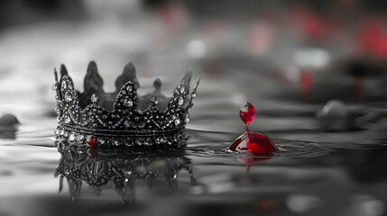 Regal crown and red drop on water, symbolic of power and loss