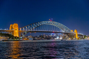 Sydney Harbour bridge illuminated at night Sydney NSW Australia
