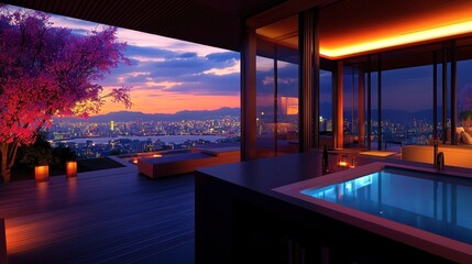 Fototapeta premium Modern luxury home interior with a sunset view, featuring a hot tub and city skyline