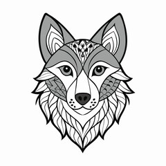 A Zentangle wolf head features intricate, meditative patterns forming a majestic wolf’s face, blending bold lines, geometric shapes, and organic details for a striking, artistic design.