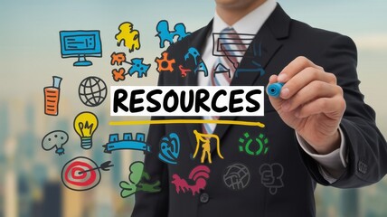 Businessman Writing Resources on Glass Board