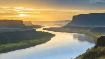Fototapeta premium Sunrise over a winding river valley