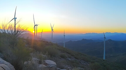 Wind turbines at sunrise over Arizona mountains; scenic landscape; sustainable energy; ideal for showcasing renewable energy or nature photography