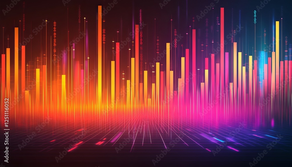 Poster abstract technology background, with glowing vertical lines and colorful data. visualization.