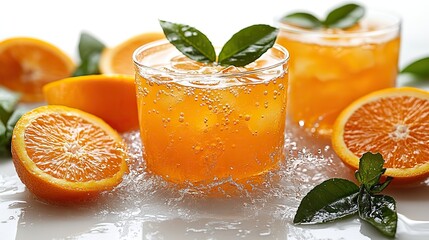 Juicy orange slices splashing in vibrant orange juice isolated on a white background, showcasing freshness and energy, perfect for a refreshing summer beverage advertisement.