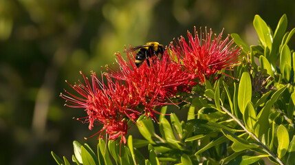Bee on red bottlebrush flower in natural light