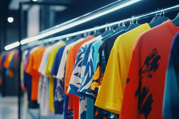 Close-up of colorful t-shirts hanging in a modern clothing store display, showcasing a variety of vibrant designs, ideal for fashion retail, shopping, and lifestyle concepts.