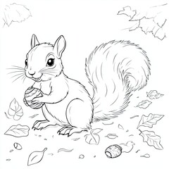 Fototapeta premium Adorable Squirrel Gathering Acorns Fun Coloring Page for Kids