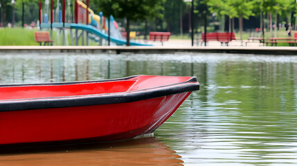 Obraz premium Red boat on a park pond, children's playground in the background, leisure activity