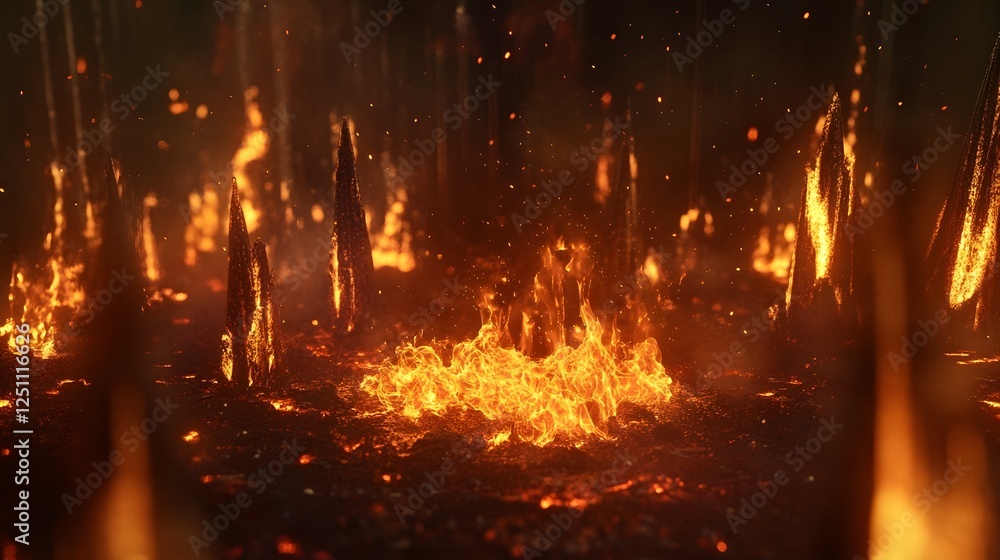 Poster Intense fiery landscape with roaring flames engulfing the darkness creating a dramatic and powerful scene of nature s destructive power and raw energy