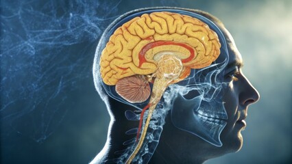 Obraz premium A digital illustration of a human brain and skull, highlighting neurological structures.