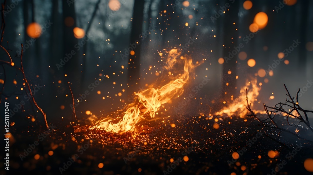 Aufkleber Intense flames and glowing embers engulfing a forest in a dramatic and moody wildfire scene  The natural environment is ablaze with a powerful and dangerous inferno