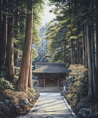Serene pathway to ancient temple nestled in the heart of a tranquil forest landscape