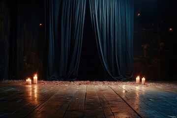 Candles illuminate a mysterious stage in a dimly lit setting at night. Generative AI