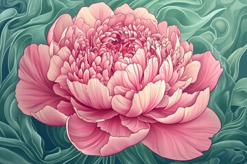 Vibrant pink peony blossom surrounded by soft green swirls, symbolizing beauty and serenity in nature s design, perfect for floral themed projects