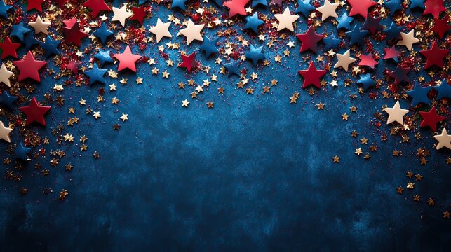 Labor Day in USA concept Above view photo of empty space with white, blue, and red star-shaped sparkles and the American flag at the top on a blue background with copy space.