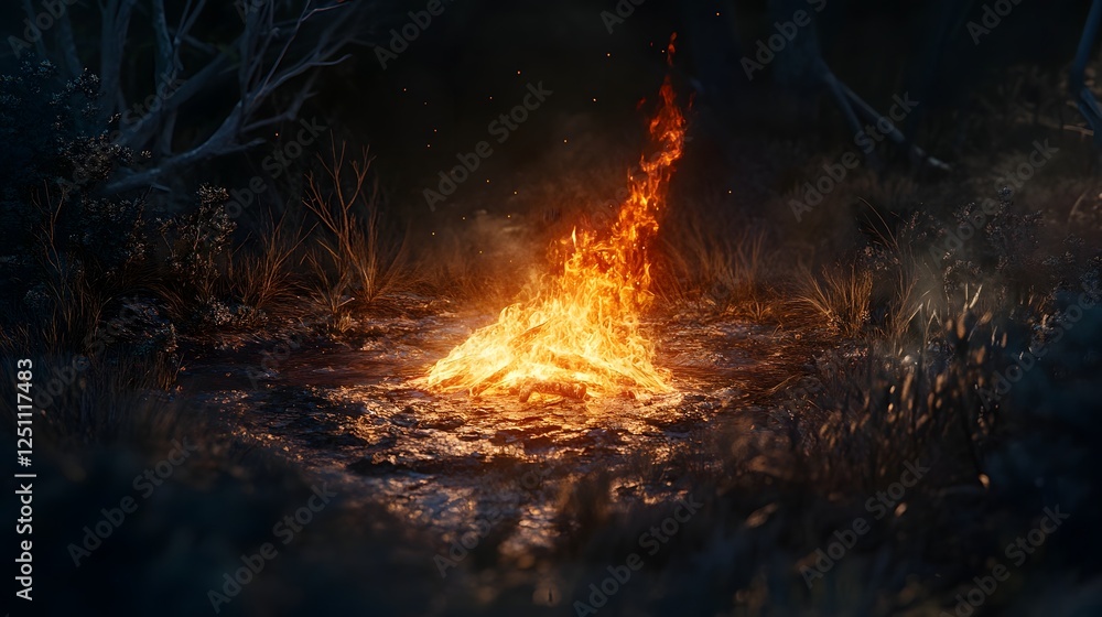 Poster intense flames engulf a rustic forest landscape in the dead of night creating a dramatic and primal 