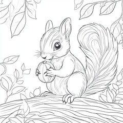 Fototapeta premium Adorable Squirrel with Giant Nut Coloring Book Page Fun Activity for Kids and Kids