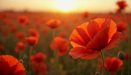 Obraz premium Radiant Poppies, A Golden Sunset Illuminates a Field of Red Blooms