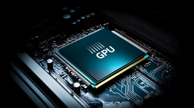 Close-up computer graphic processing unit on motherboard.  Possible use Technology stock photo