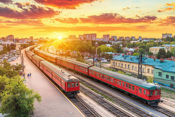 Vibrant sunset view over busy train station