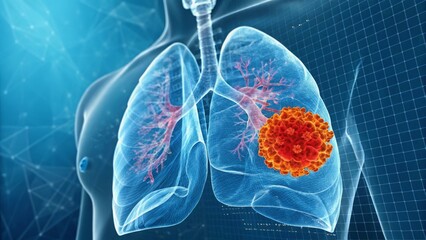 3D illustration of human lungs with a virus or tumor highlighted.