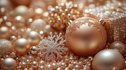 Lavishness and holiday inspiration Vertical photo of presents, luxurious baubles, a snowflake ornament, and gold sequins on a light beige backdrop with space for messages or ads.