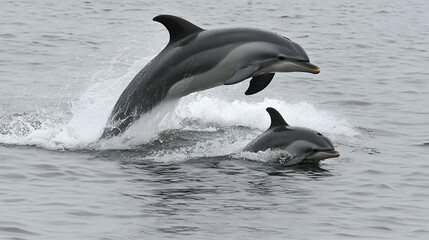 Obraz premium Two dolphins jumping in ocean water. Possible use Stock photo for wildlife, ocean, marine life