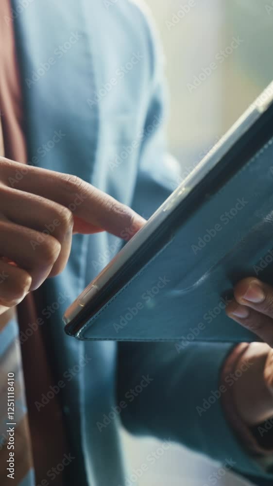 Poster typing, tablet and hands of business person in office for email response, connection and client feed