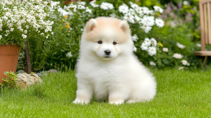 Cute puppy sitting in a garden of flowers. Possible use Pet store advertisement, social media post