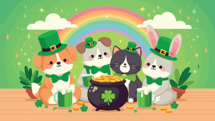 A group of cute animals (like a dog, cat, and rabbit) wearing green hats and bow ties, holding mugs of green drinks and sitting around a pot of gold under a rainbow 