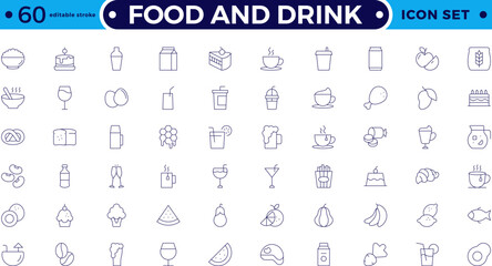 Food icon collection. Containing meal, restaurant, dishes and fruits icon. Set of outline icons related to food and drink. Editable stroke outline icon.
