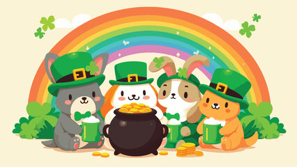A group of cute animals (like a dog, cat, and rabbit) wearing green hats and bow ties, holding mugs of green drinks and sitting around a pot of gold under a rainbow 
