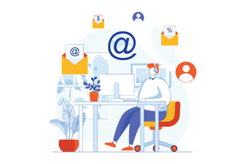 Flat Vector Illustration of People Engaged in Email Marketing Concept