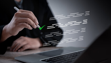 businessman uses laptop manage tasks Document Management System (DMS), completing checklists,...