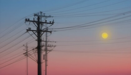 Fototapeta premium silhouette of power lines and utility pole with a glowing full moon at sunset. Perfect for backgrounds, urban photography, and technology concepts.