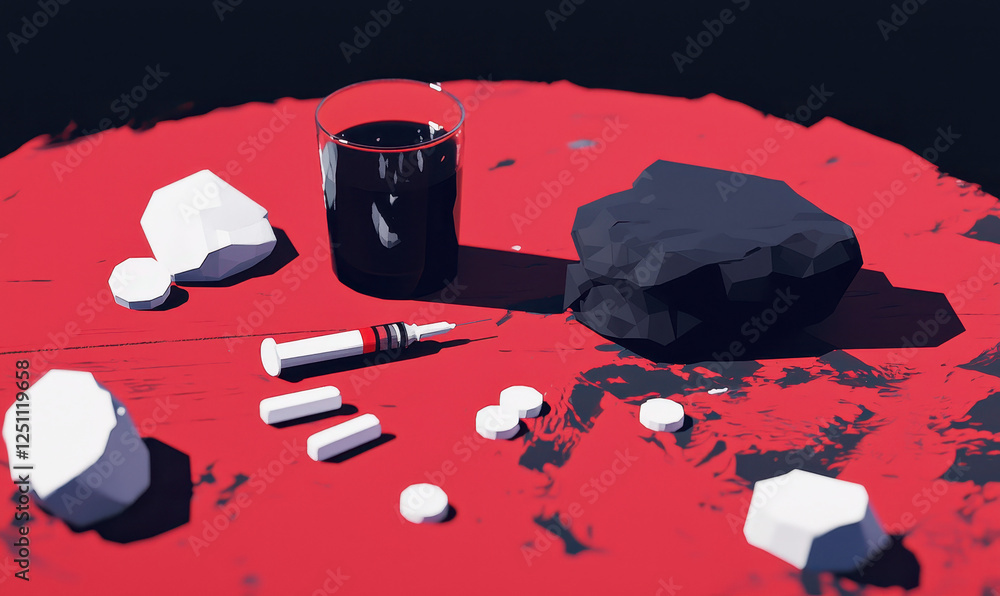 Poster exploring the intersection of color and form: a vivid composition featuring a glass of dark liquid s