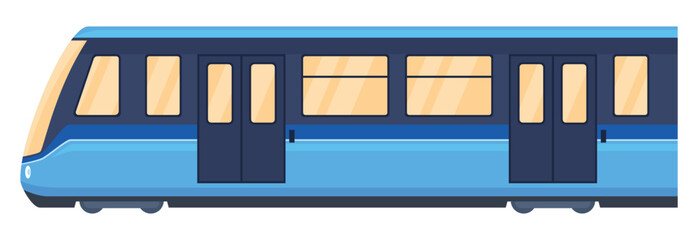 Subway train depicted in a flat design style isolated on a white background showcasing modern transportation features