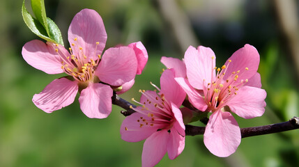 Blossoming pink peach flowers on branch, vibrant spring colors, outdoor garden scene, possible use for spring cards or nature background