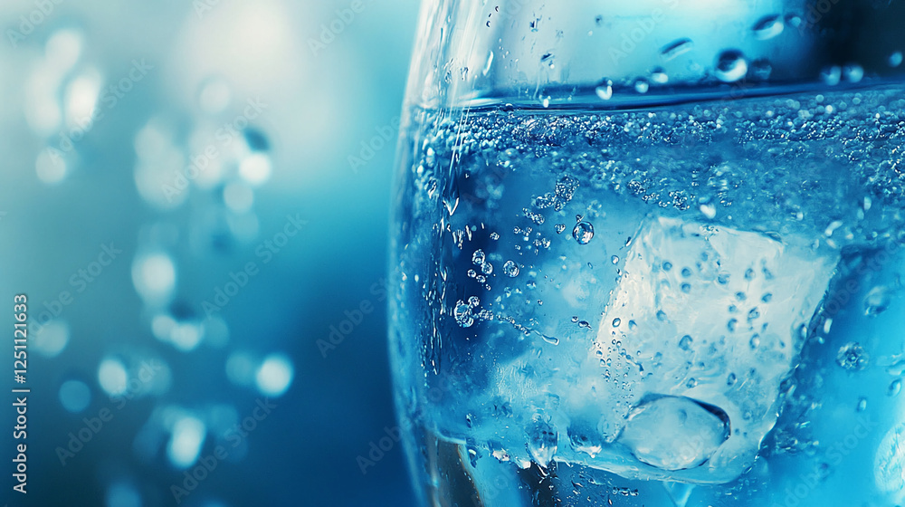 Poster close-up of a glass of water with ice, showing bubbles and droplets forming on the surface, creating