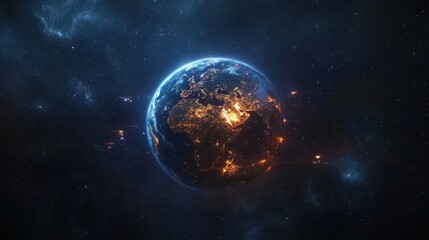 Obraz premium Futuristic Earth-centered network with glowing crypto nodes and IoT connections, symbolizing global digital connectivity.