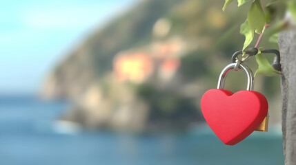 Red heart-shaped padlock hangs on seaside cliff