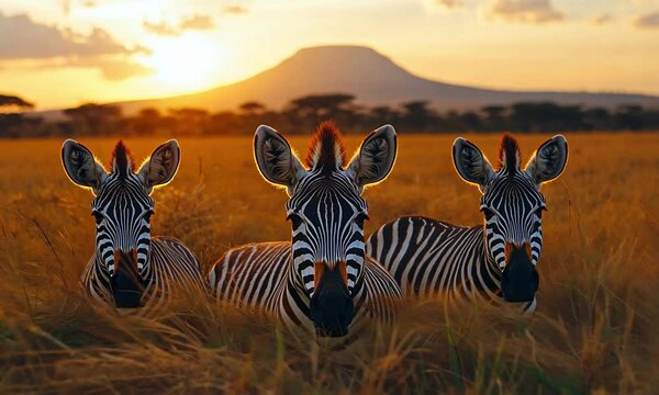 Protective Zebras in Savannah Circle With Foals at Center and Scenic Distant Mountains