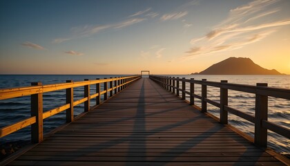 Obraz premium A beautiful wooden pier extending into the ocean at sunset, casting long shadows. Serene seascape with mountains and a boat in the background. Perfect for travel and nature themes.