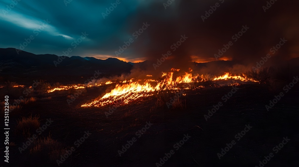 Aufkleber intense wildfire raging through a forested mountain landscape creating an apocalyptic scene under th